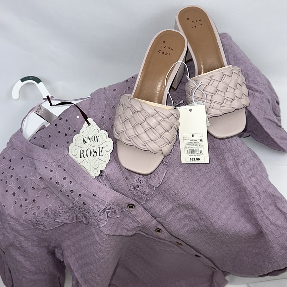 Light Lavender 2.5” Chunky Heel Mule Woven Strap Memory Foam Slide